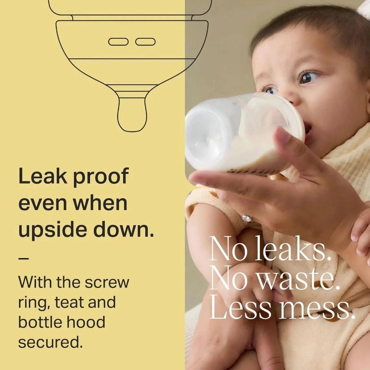 Leak-proof baby bottle with screw ring, teat, and bottle hood