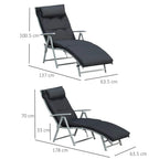 Black padded chaise lounge on steel frame with adjustable recline