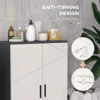 Two-door bathroom cabinet with anti-tip design, doors closed, grey sides and white panels.