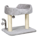 Light grey indoor cat tree with plush platforms, sisal posts, and hanging toy balls