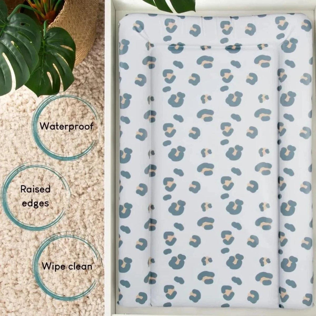 Waterproof changing mat with raised edges and wipe-clean muted leopard print