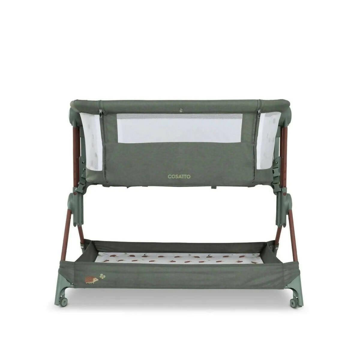 Olive folding bedside crib with two side fabric panels and patterned mattress base