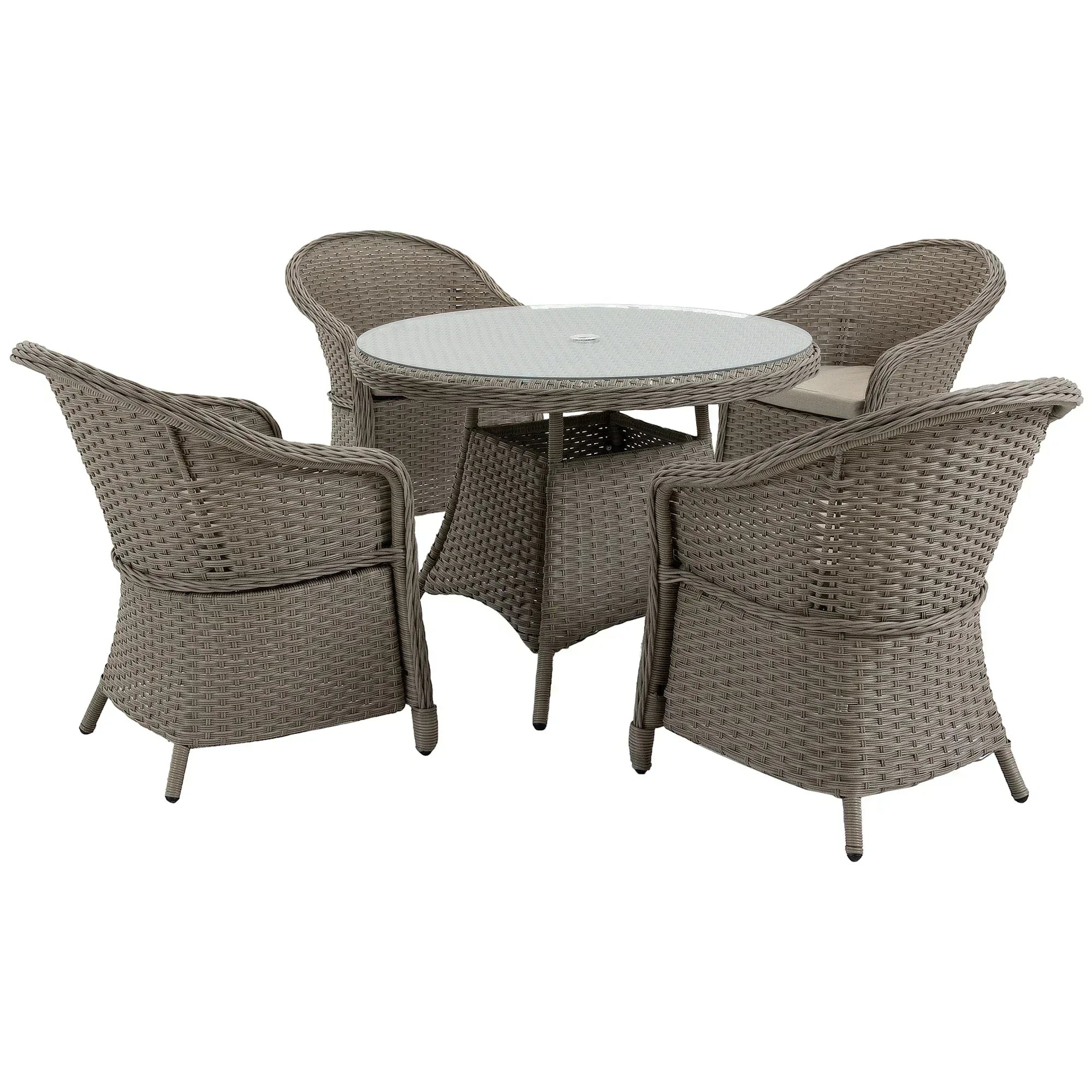 4 Seater Rattan Garden Furniture Set with Cushions, Round PE Rattan Dining Set with Glass-Top Table, Umbrella Hole, Outdoor Garden Table and Chairs, Mixed Grey - Bobobiy