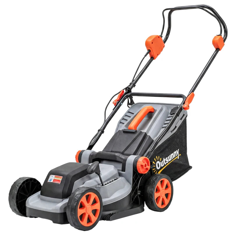 Cordless lawn mower with light grey body and orange handle, 4 wheels