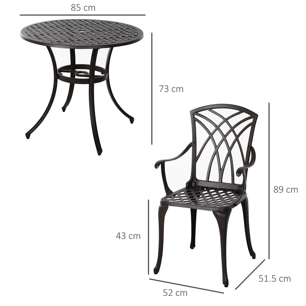 5 Pieces Garden Dining Set for 4, Cast Aluminium Outdoor Dining Set with 4 Armchairs and Round Dining Table with Parasol Hole, Garden Furniture Set, Brown - Bobobiy