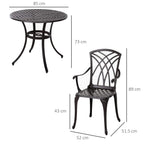 Brown round outdoor dining table with four-legged base and matching armchair