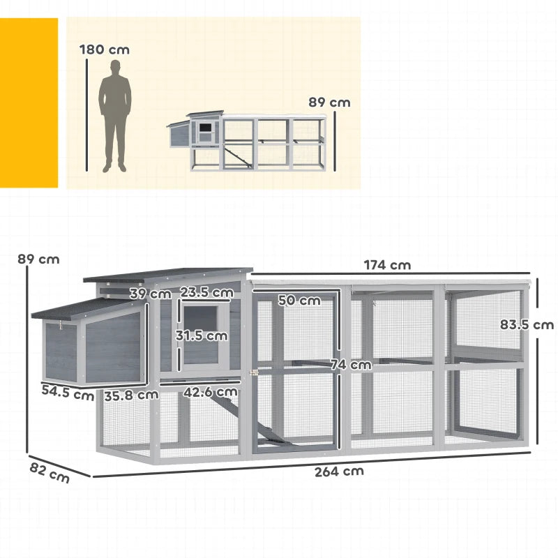 Grey wooden chicken coop layout with covered run and wire mesh panels