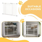 White dog gate shown in two room-use scenes with vertical bar barrier