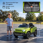 Green kids ride-on car with child standing beside it; includes size dimensions overlay