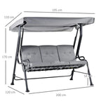 Grey three-seat porch swing bench with canopy and padded cushions; shown with dimensions