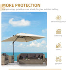 Cream square cantilever parasol open above patio lounge furniture with black pole