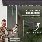 Grey retractable awning with wavy valance and manual hand crank for opening