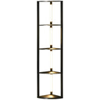 Black modern floor lamp with tall column frame and four lit shelf levels