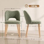 Green upholstered dining chair pair, curved backs, foam seats, and light wood legs shown side view
