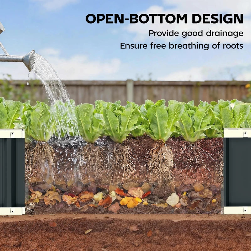 Open-bottom dark grey raised garden bed with soil, leaves, and water drainage view