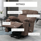 Dark brown power lift recliner chair detail view with arm cup holder and side pocket.