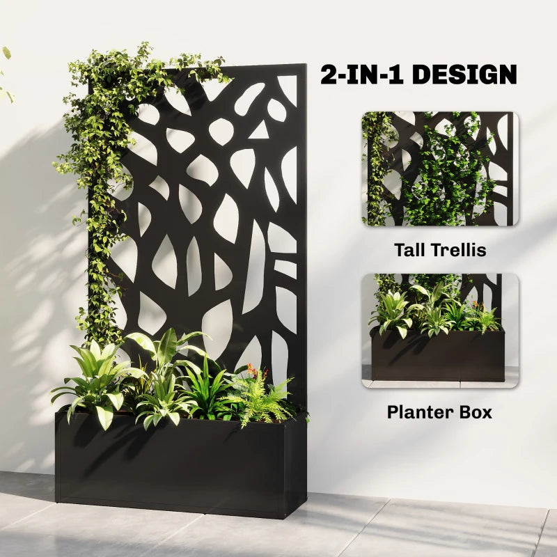 Black metal planter box with tall trellis privacy screen and climbing plants