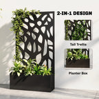 Black metal planter box with tall trellis privacy screen and climbing plants