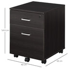Locking filing cabinet with two drawers, dark wood-grain finish, on five rolling casters