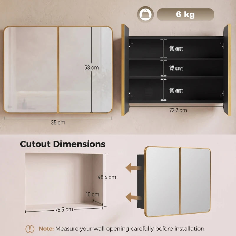 Wall-mounted bathroom mirror cabinet shown with open doors and interior shelf layout