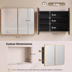 Wall-mounted bathroom mirror cabinet shown with open doors and interior shelf layout
