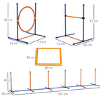 Dog agility obstacle set with orange pause box and multiple blue-and-orange hurdles