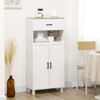 White tall cabinet with open shelf, drawer, and two door compartments with black handles