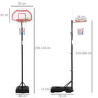 Adjustable basketball hoop stand diagram showing height range and red backboard