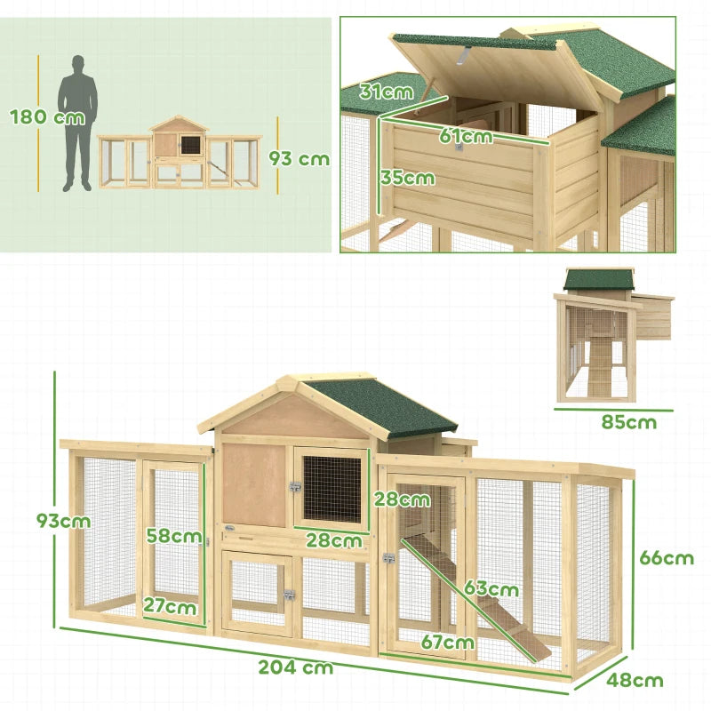 Large wooden chicken coop cutaway showing green roof, mesh panels, and interior ramp