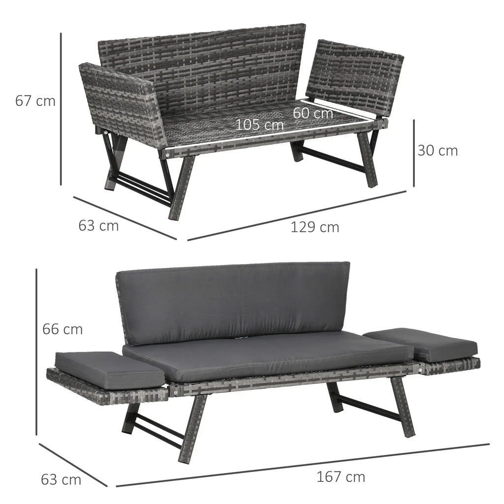 2 Seater Rattan Sofa with Cushions, 2-in-1 PE Rattan Daybed Sofa with Left Up or Down Armrests, Garden Chaise Lounger Loveseat for Outdoor, Patio, Mixed Grey - Bobobiy