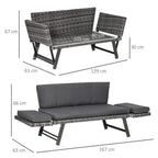 Grey rattan daybed sofa with cushions and folding frame, dimensions shown