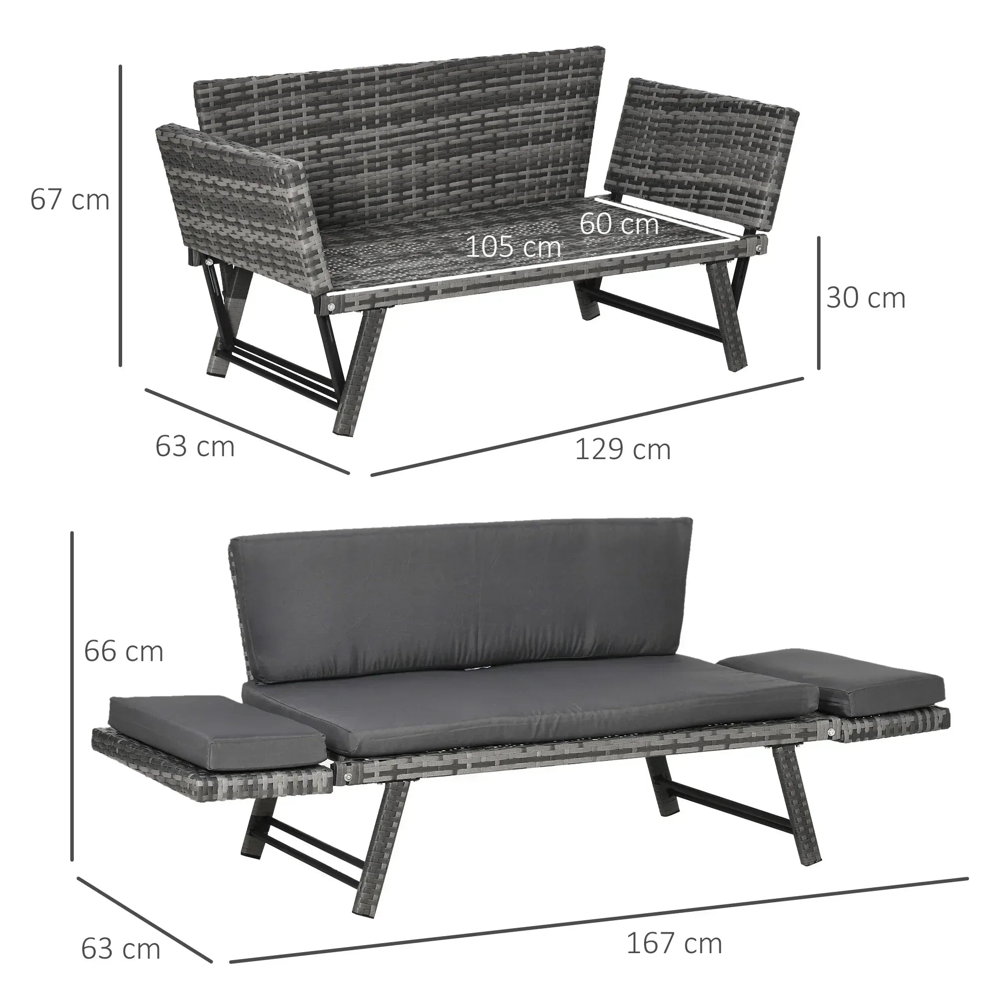 2 Seater Rattan Sofa with Cushions, 2-in-1 PE Rattan Daybed Sofa with Left Up or Down Armrests, Garden Chaise Lounger Loveseat for Outdoor, Patio, Mixed Grey - Bobobiy