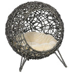 Grey rattan cat bed house basket with cream removable cushion, round cocoon style