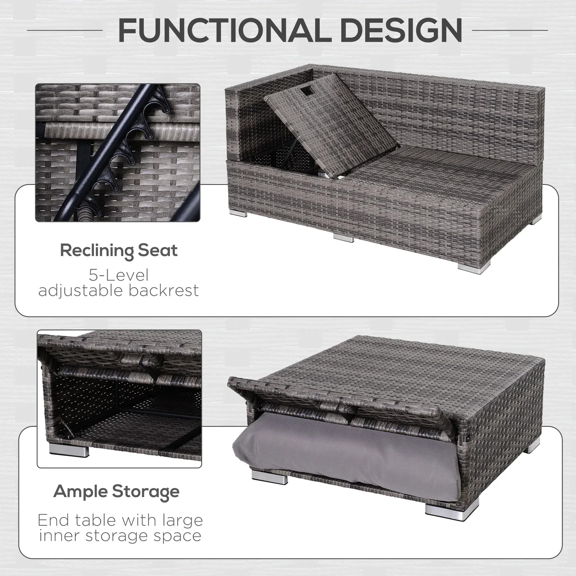 3PC Rattan Garden Furniture Storage Sofa Set 4 Seater Wicker Coffee Table Conservatory Sun Lounger Reclining Set Outdoor Weave with Cushion Grey - Bobobiy