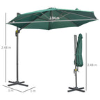 Green cantilever patio umbrella with open canopy and cross base, adjustable height