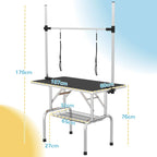 Adjustable grooming table with black rubber top and hanging loops; size diagram