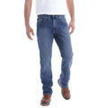 Men's blue relaxed fit 5-pocket jeans, side view, medium wash denim