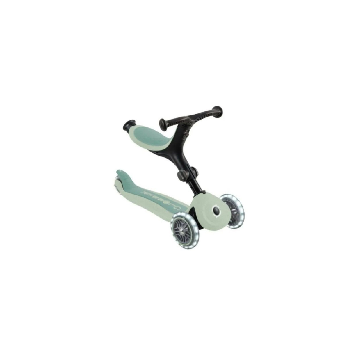Pistachio mint kids’ scooter rear three-quarter view with black steering supports
