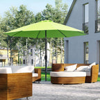 Light green garden parasol umbrella open with straight pole and spread canopy