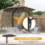 Khaki wall-mounted patio parasol with open canopy and control arm