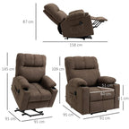 Dark brown power lift recliner chair size diagram with measurements from multiple angles.