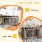 Walnut-brown dog crate furniture with flat top surface and slatted front side panels