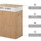 Natural wood laundry hamper with side handles, hinged fabric lid, and air circulation vents