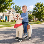 Light brown pedal ride-on walking horse with red skirt, brown saddle, and rolling wheels