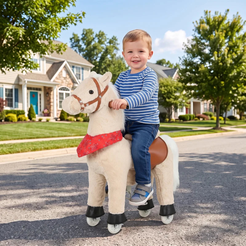 Light brown pedal ride-on walking horse with red skirt, brown saddle, and rolling wheels
