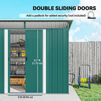 Green metal shed with double sliding doors and open access