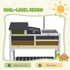 Gray dual-level tortoise enclosure with open run box and removable tray