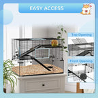 Black wire hamster cage with top and front openings, ramp and platforms, yellow wheel