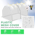 Mini greenhouse with white plastic mesh cover and green arched frame, closed end