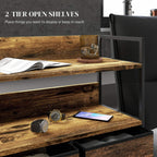 Rustic open-shelf storage top with five fabric drawers, dark metal frame and handles